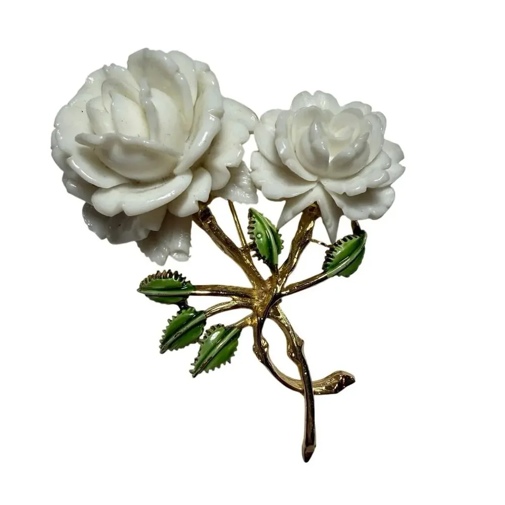 Vintage FELI White Rose Floral Brooch Gold Tone Enamel Leaves